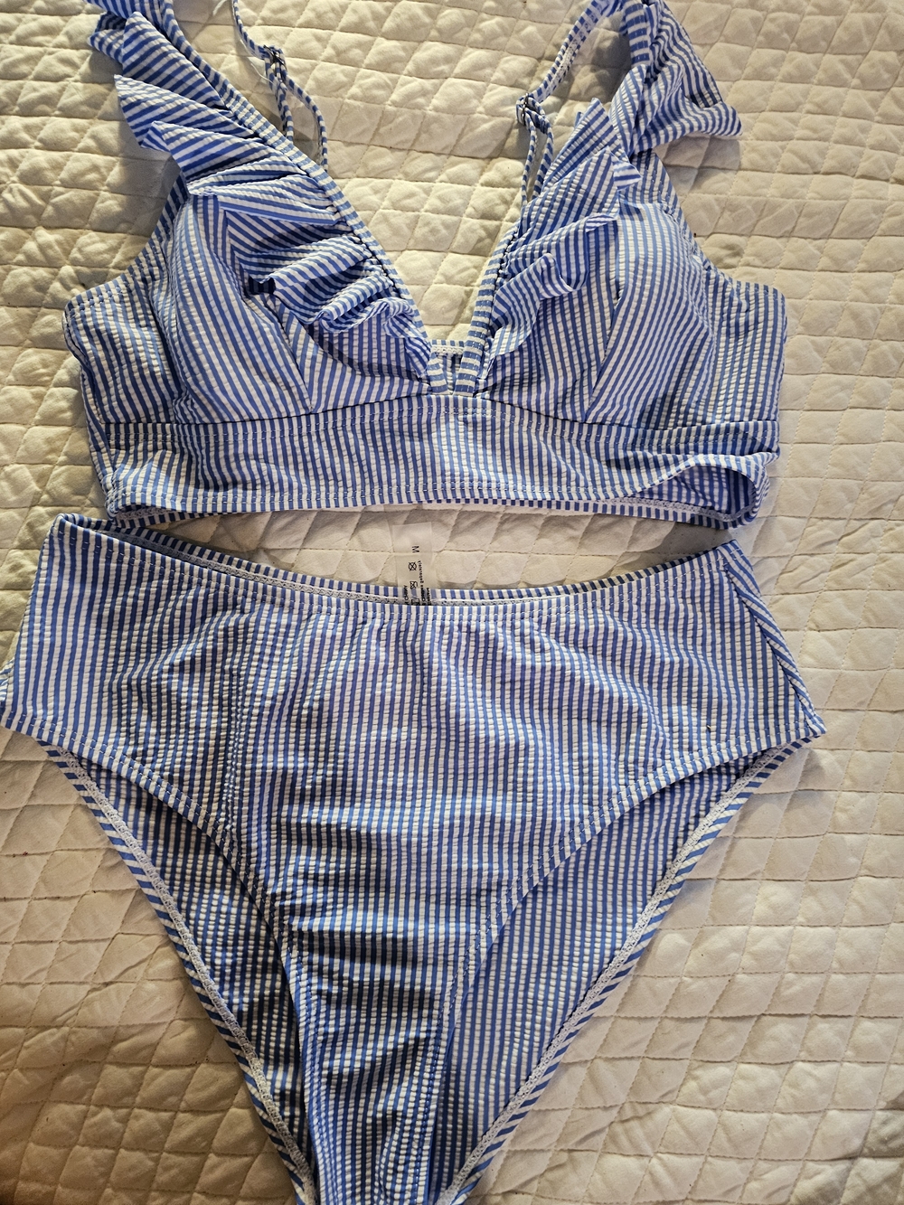 Blue & White Striped Ruffle Bikini Set